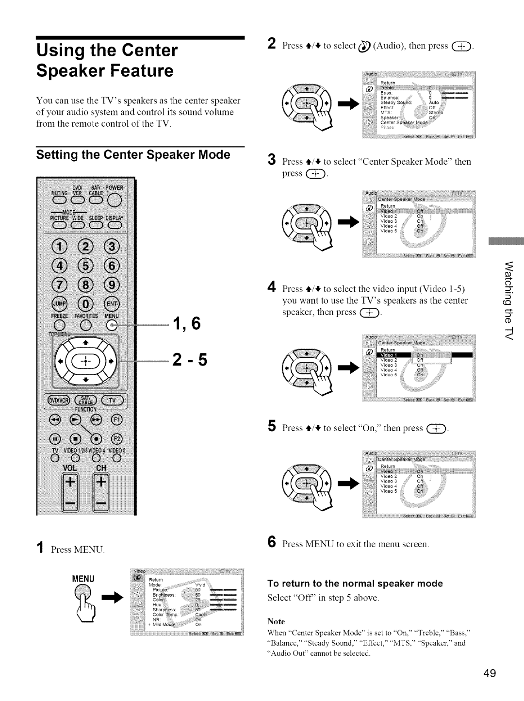 Sony KE-42M1 manual Using the Center Speaker Feature, Setting the Center Speaker Mode, To return to the normal speaker mode 