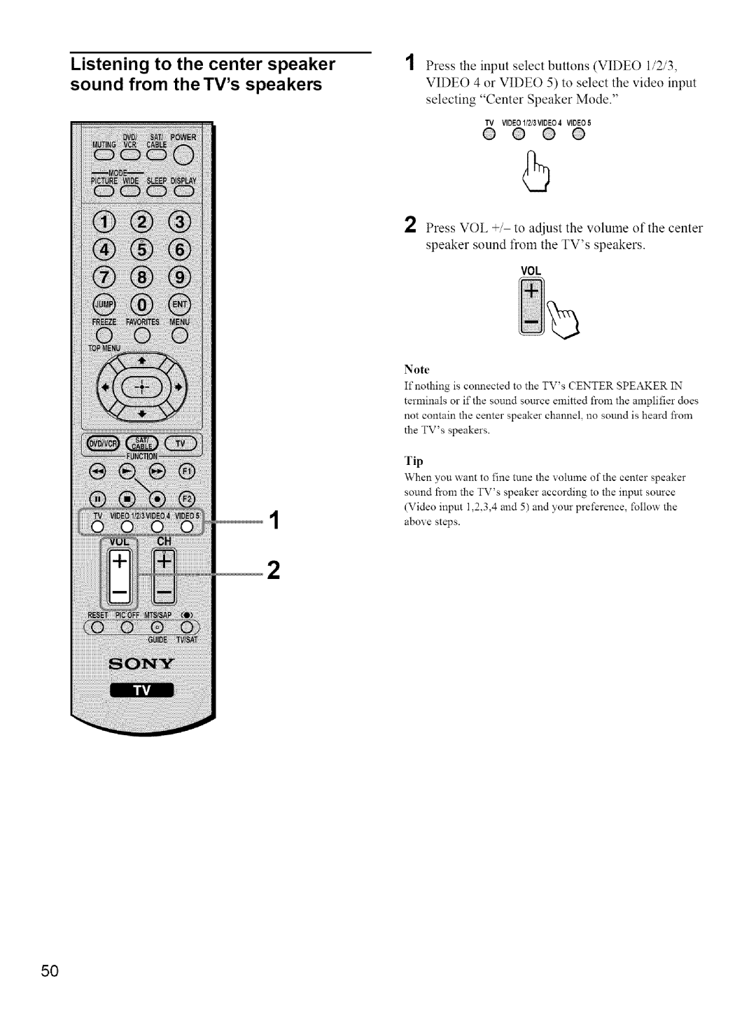 Sony KE-42M1 manual Listening to the center speaker sound from the TVs speakers, @ @ @ 