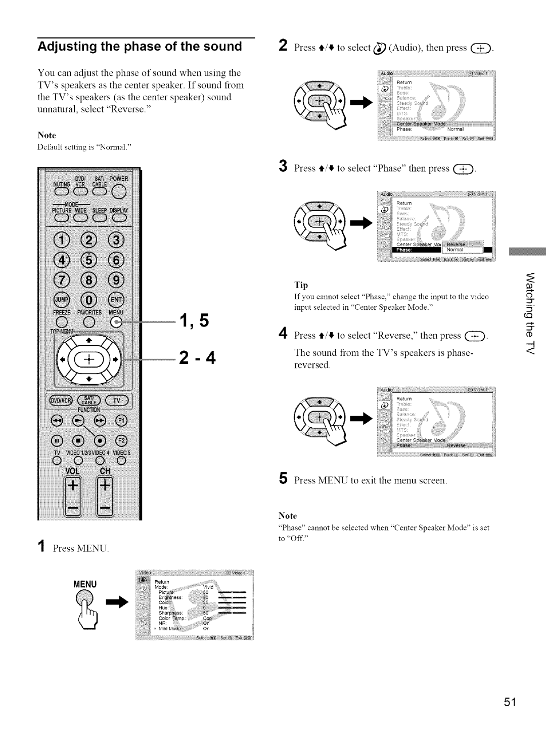 Sony KE-42M1 manual Adjusting the phase of the sound, Press t1,/€ to select Audio, then press 