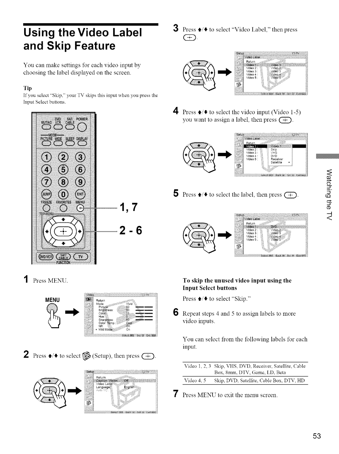 Sony KE-42M1 manual Using the Video Label and Skip Feature, Press t,/ to select Setup, then press 