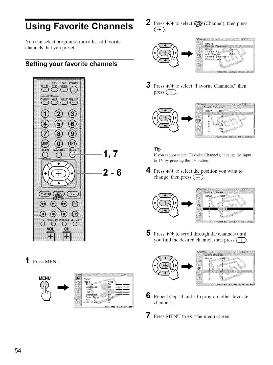 Sony KE-42M1 manual Using Favorite Channels, Setting your favorite channels 