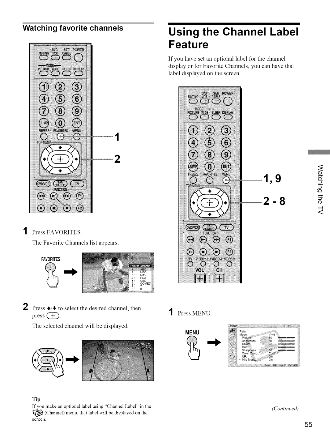 Sony KE-42M1 manual Using the Channel Label Feature, Watching favorite channels 