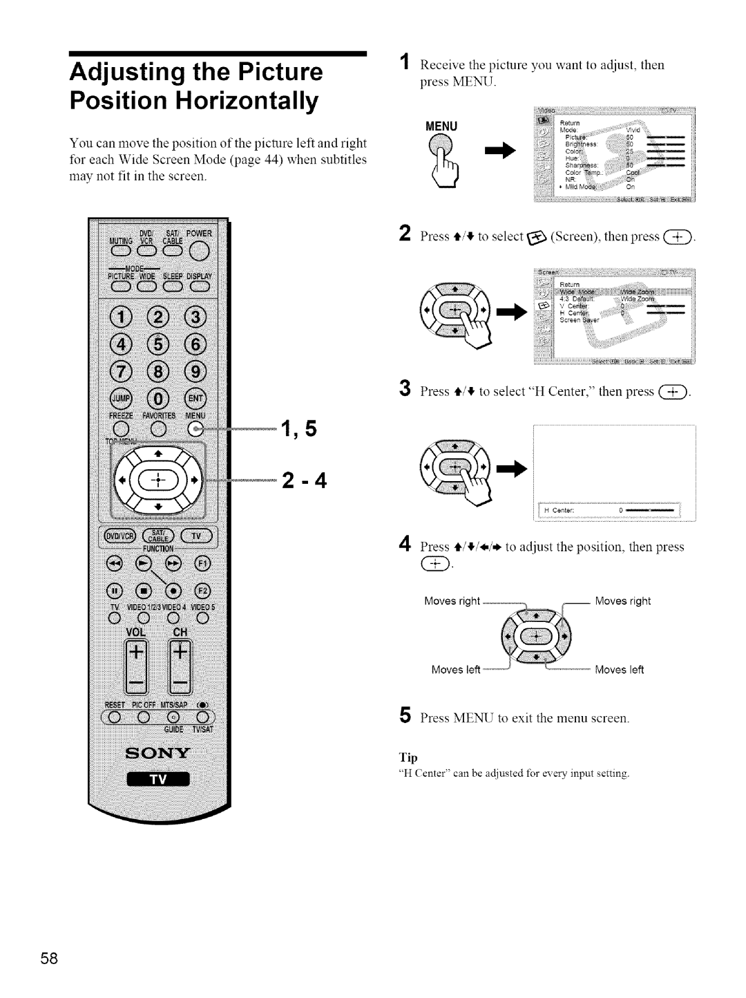 Sony KE-42M1 manual Adjusting the Picture Position Horizontally, Press /II, to select Screen, then Press @ 