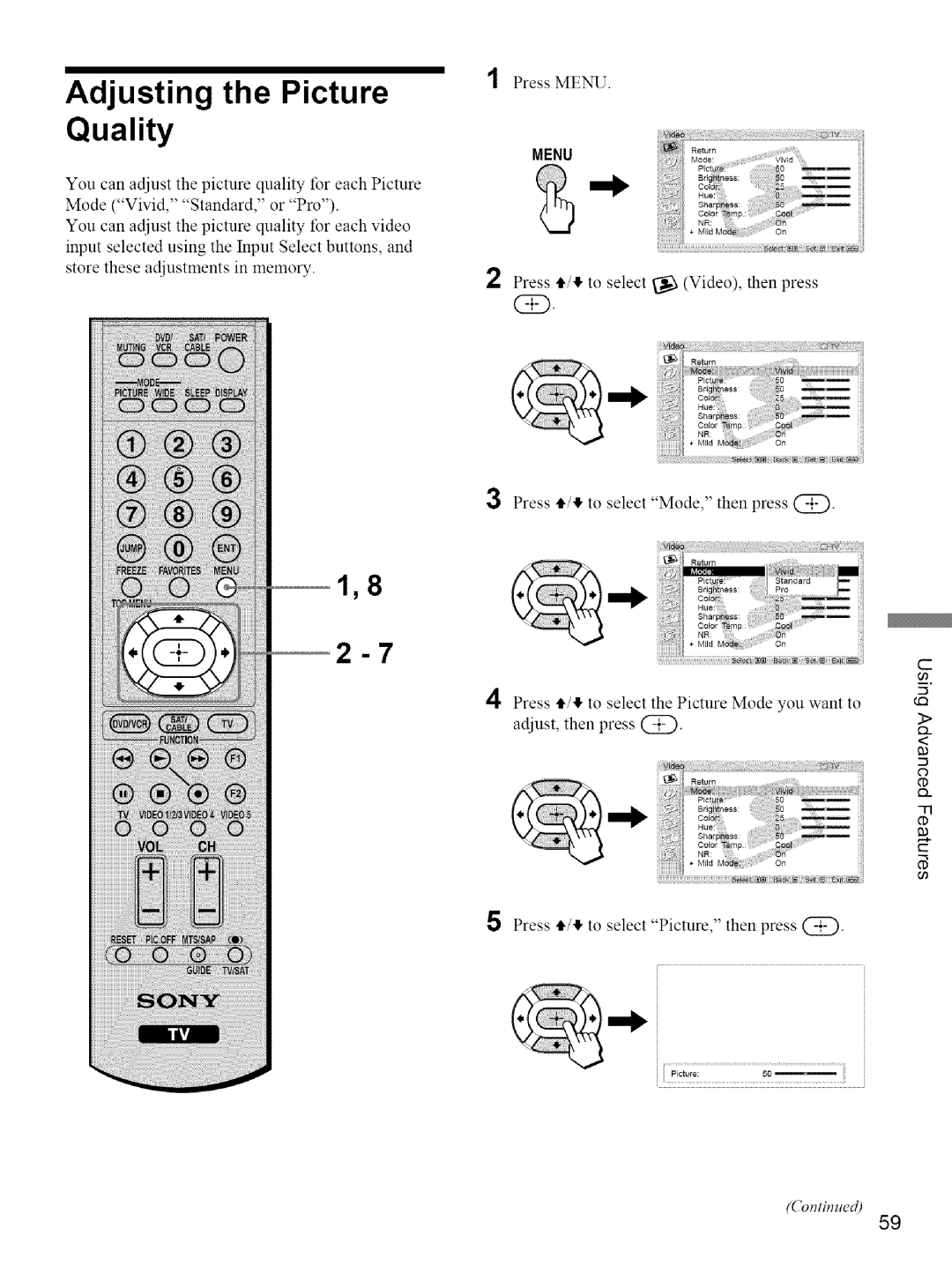 Sony KE-42M1 manual Adjusting the Picture Quality, Press t,/II, to select Video, then press 