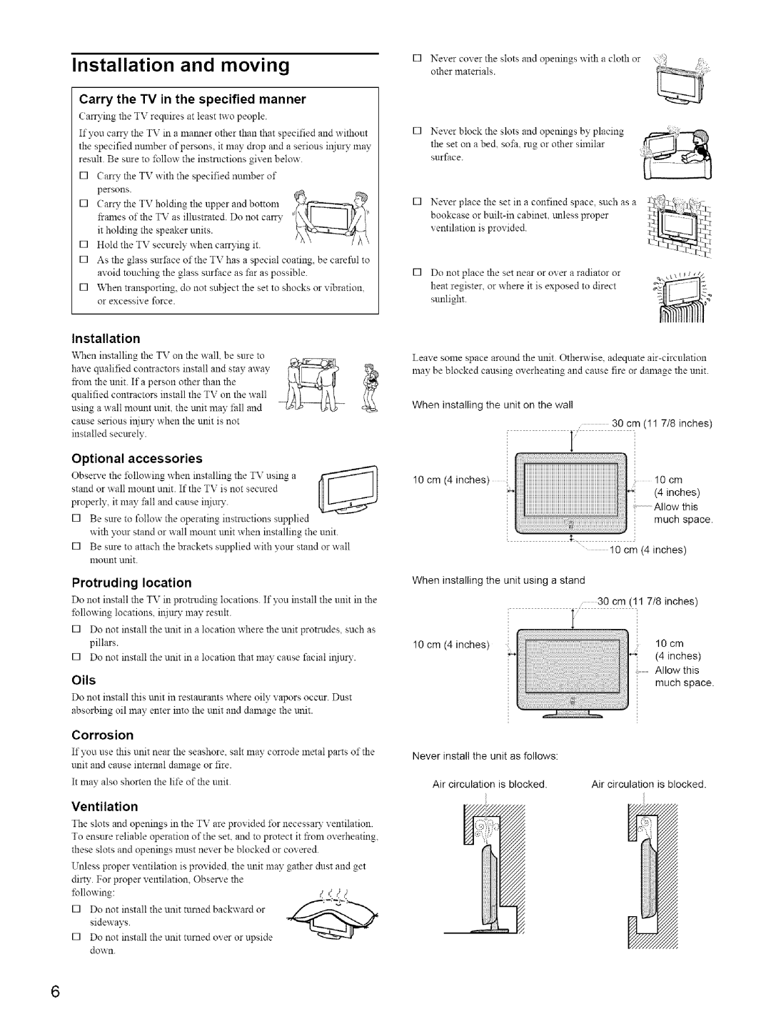 Sony KE-42M1 manual Carry the TV in the specified manner, Installation, Optional accessories, Protruding location, Oils 