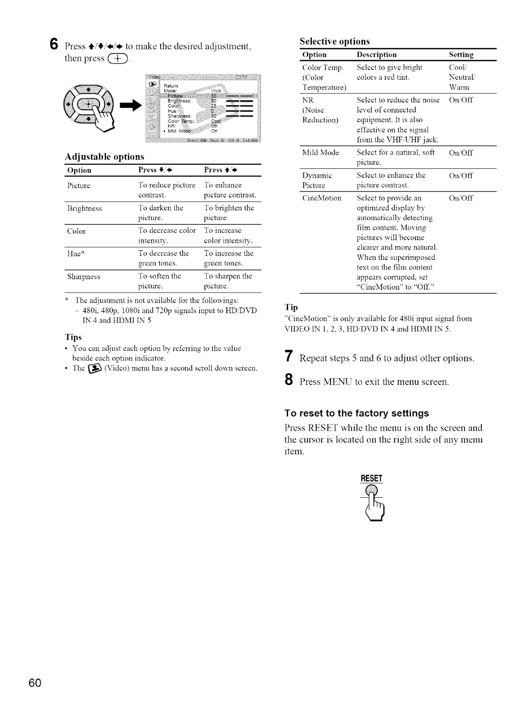 Sony KE-42M1 manual Selective, To reset to the factory settings 