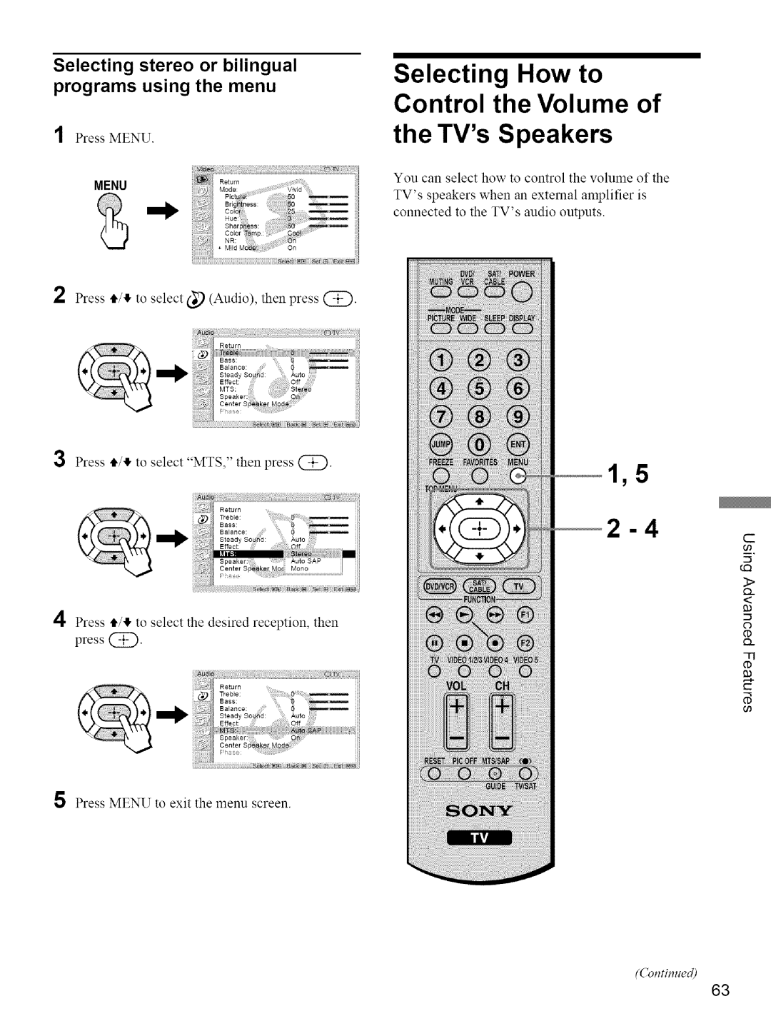 Sony KE-42M1 manual Selecting How to Control the Volume TVsSpeakers, Selecting stereo or bilingual programs using the menu 