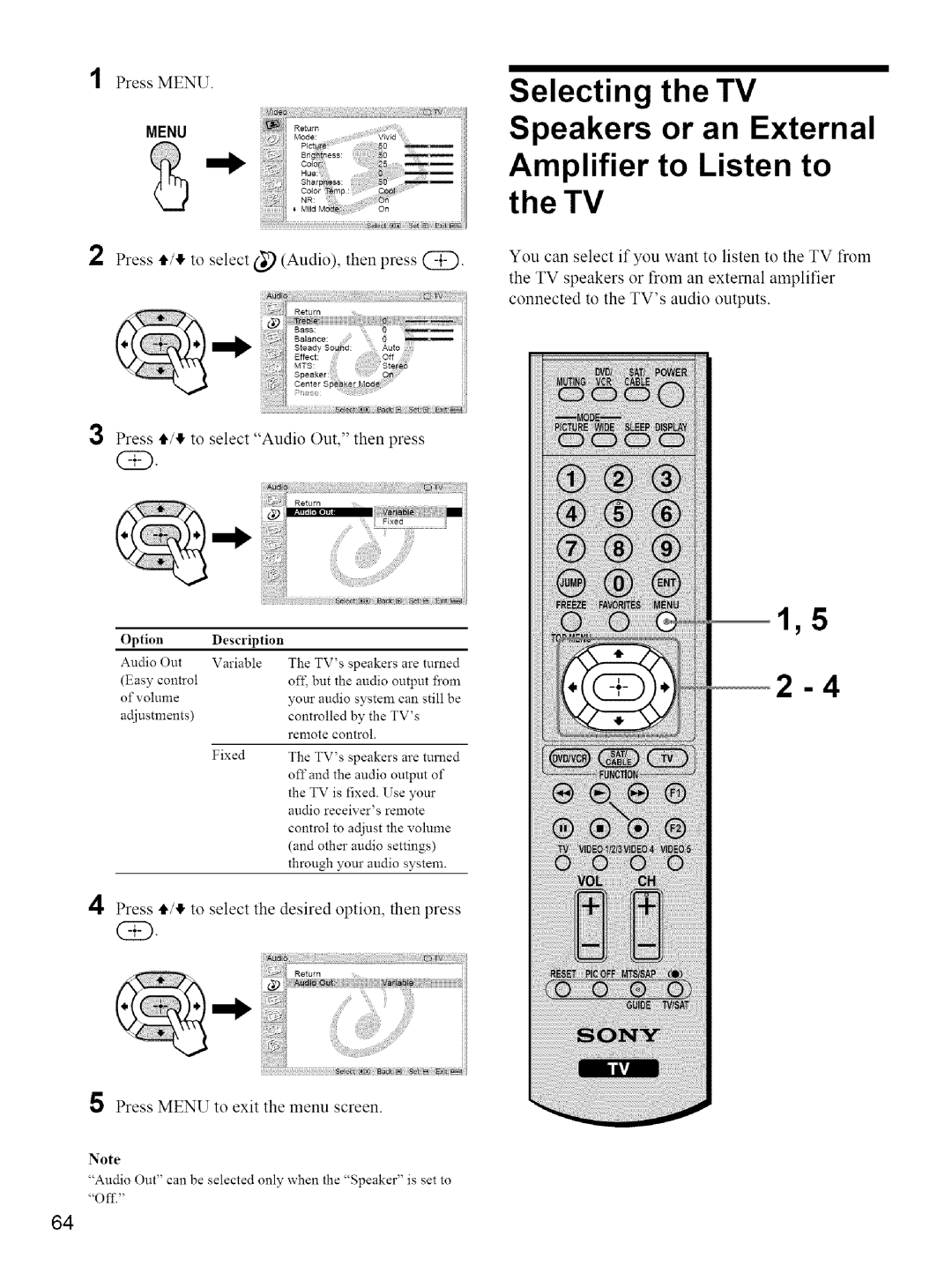 Sony KE-42M1 manual Press t1/ to select Audio, then press, Press tl,/ to select Audio Out, then press 