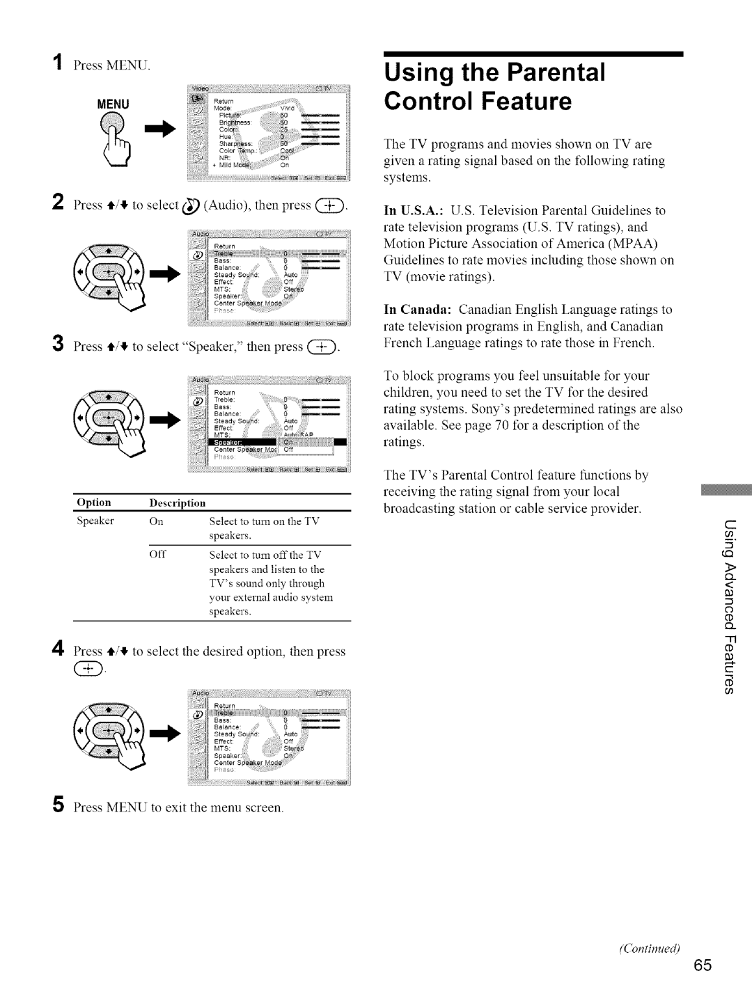 Sony KE-42M1 manual Using the Parental, Control Feature, Press tl,/ to select Audio, then 