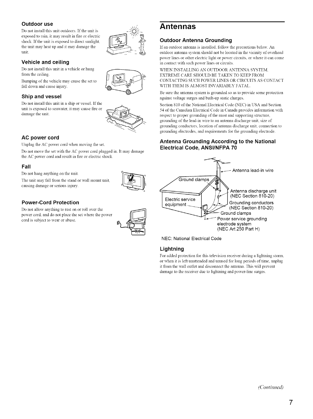 Sony KE-42M1 manual Outdoor use, Ship and vessel, Outdoor Antenna Grounding, Power-Cord Protection, Lightning 