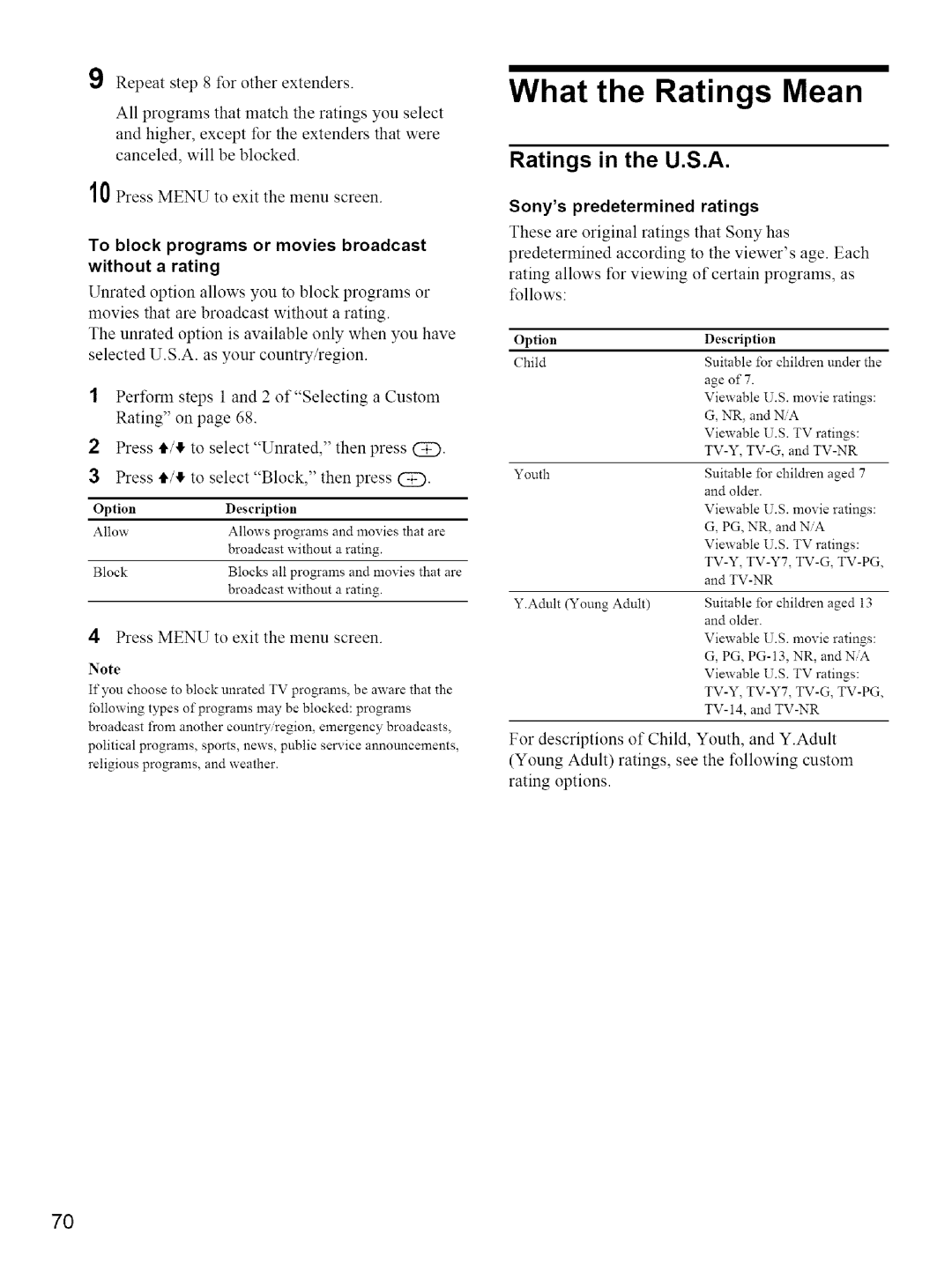 Sony KE-42M1 manual What the Ratings Mean, Ratings in the U.S.A, To block programs or movies broadcast Without a rating 