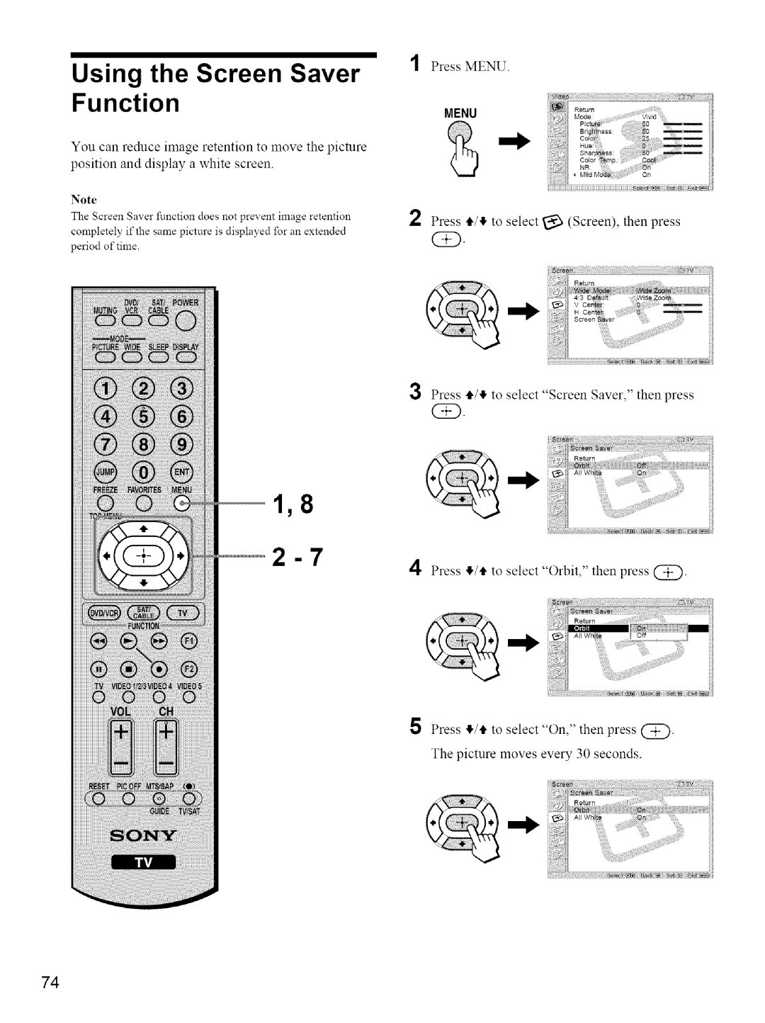 Sony KE-42M1 manual Using the Screen Saver Function 