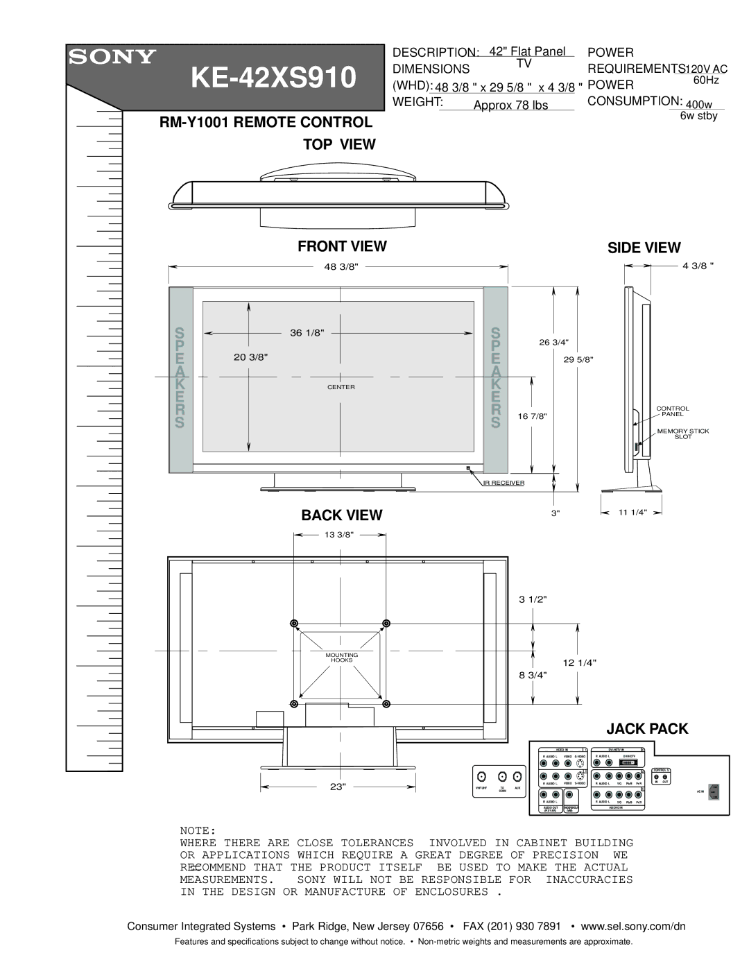 Sony KE-42XS910 dimensions RM-Y1001 Remote Control TOP View, Front View, Side View, Jack Pack 