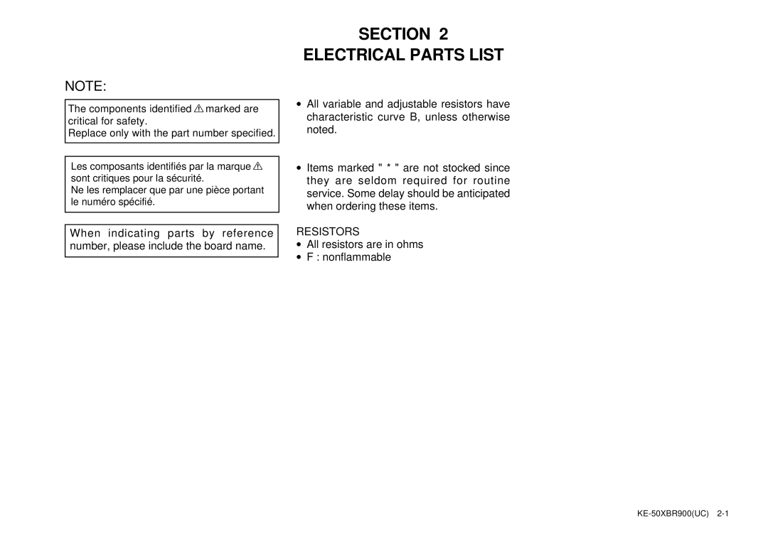 Sony KE-50XBR900 service manual Section Electrical Parts List 