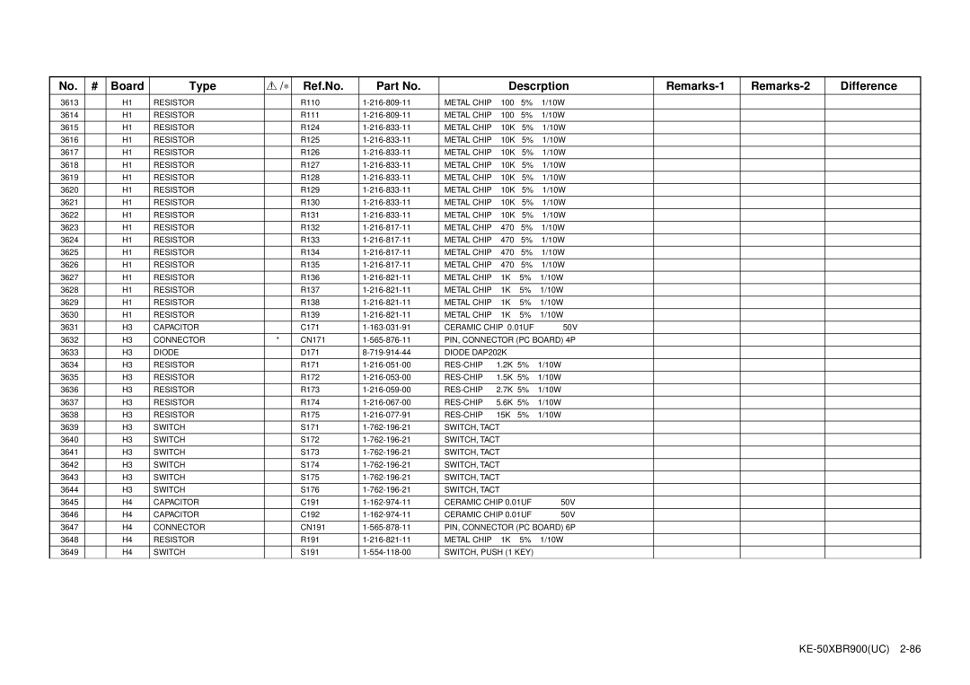 Sony KE-50XBR900 service manual SWITCH, Tact 