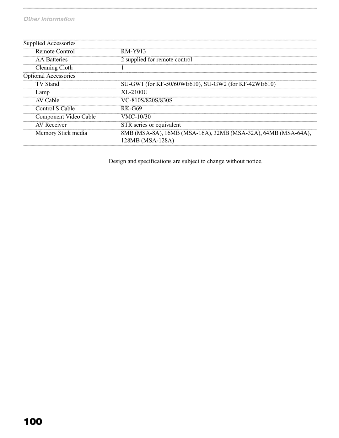 Sony KFO60WE610, KFO42WE610, KFO50WE610 operating instructions 100 