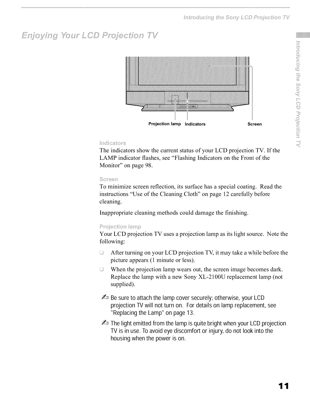 Sony KFO50WE610, KFO42WE610, KFO60WE610 operating instructions Projection lamp Indicators Screen 