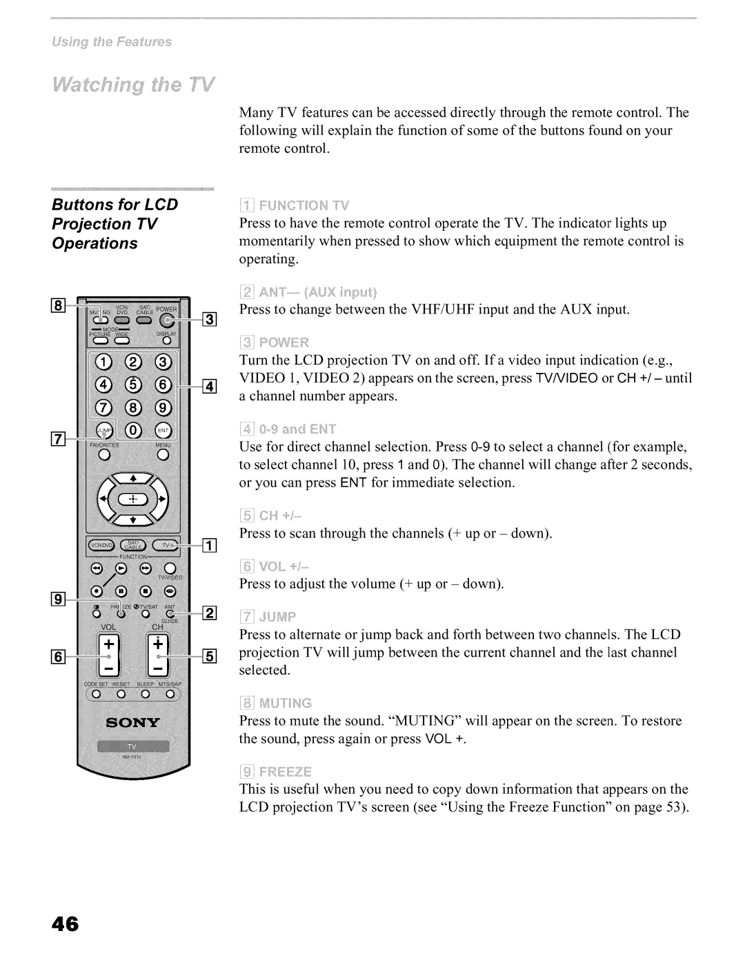 Sony KFO60WE610, KFO42WE610, KFO50WE610 operating instructions e ?%Y, Buttons for LCD Projection TV Operations 