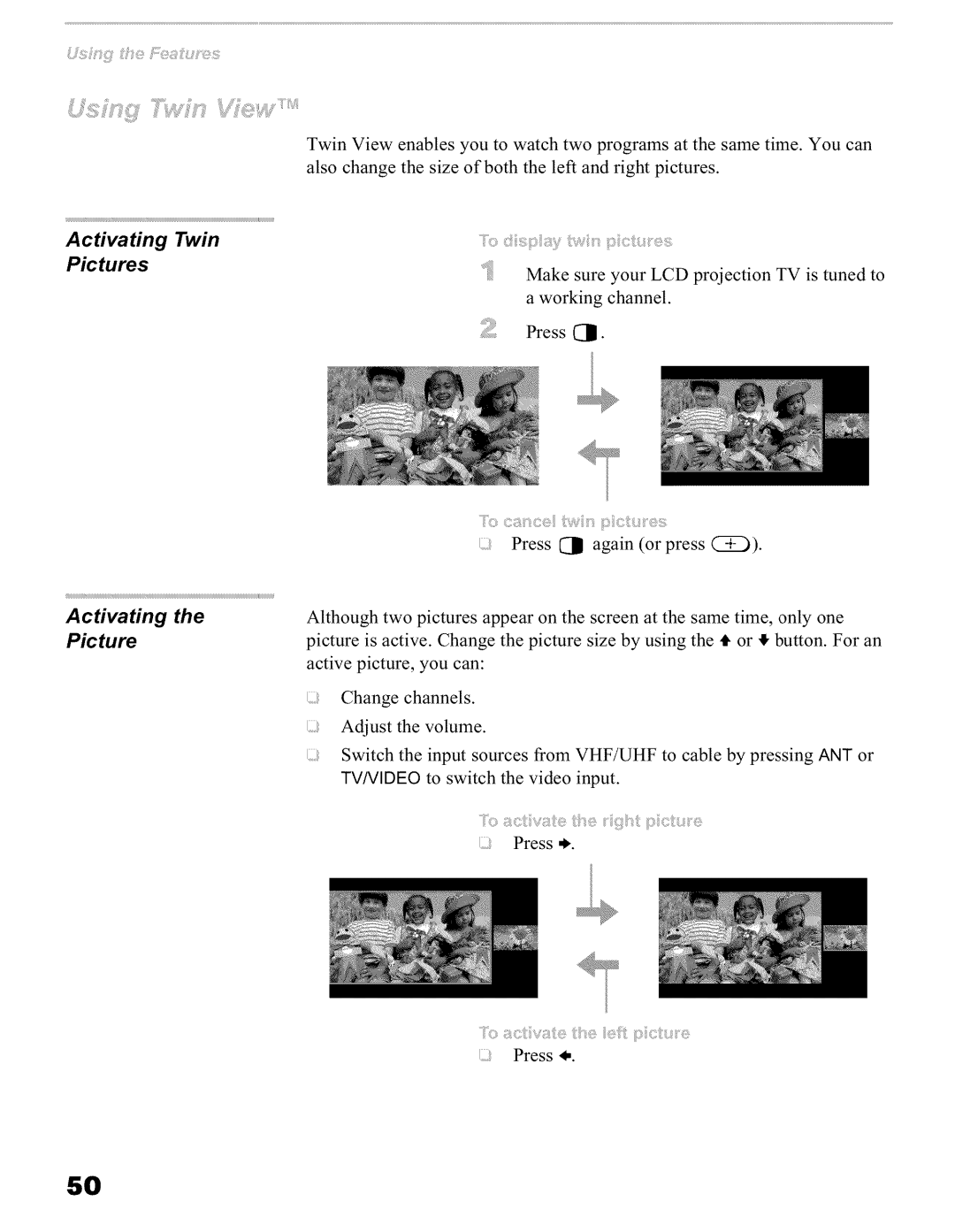 Sony KFO50WE610, KFO42WE610, KFO60WE610 operating instructions Activating Twin Pictures, Activating the Picture 