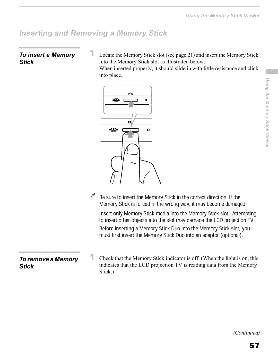 Sony KFO42WE610, KFO60WE610, KFO50WE610 operating instructions To remove a Memory Stick 