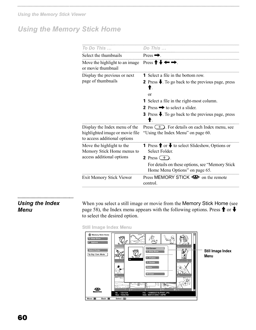 Sony KFO42WE610, KFO60WE610, KFO50WE610 operating instructions Still Image Index Menu 