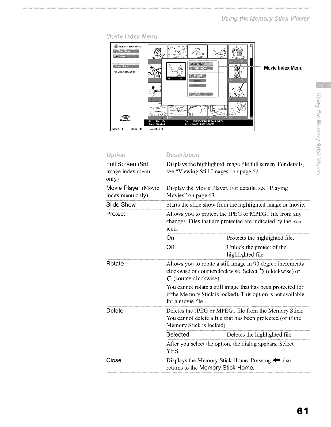 Sony KFO60WE610, KFO42WE610, KFO50WE610 operating instructions Selected, Movie Index Menu 