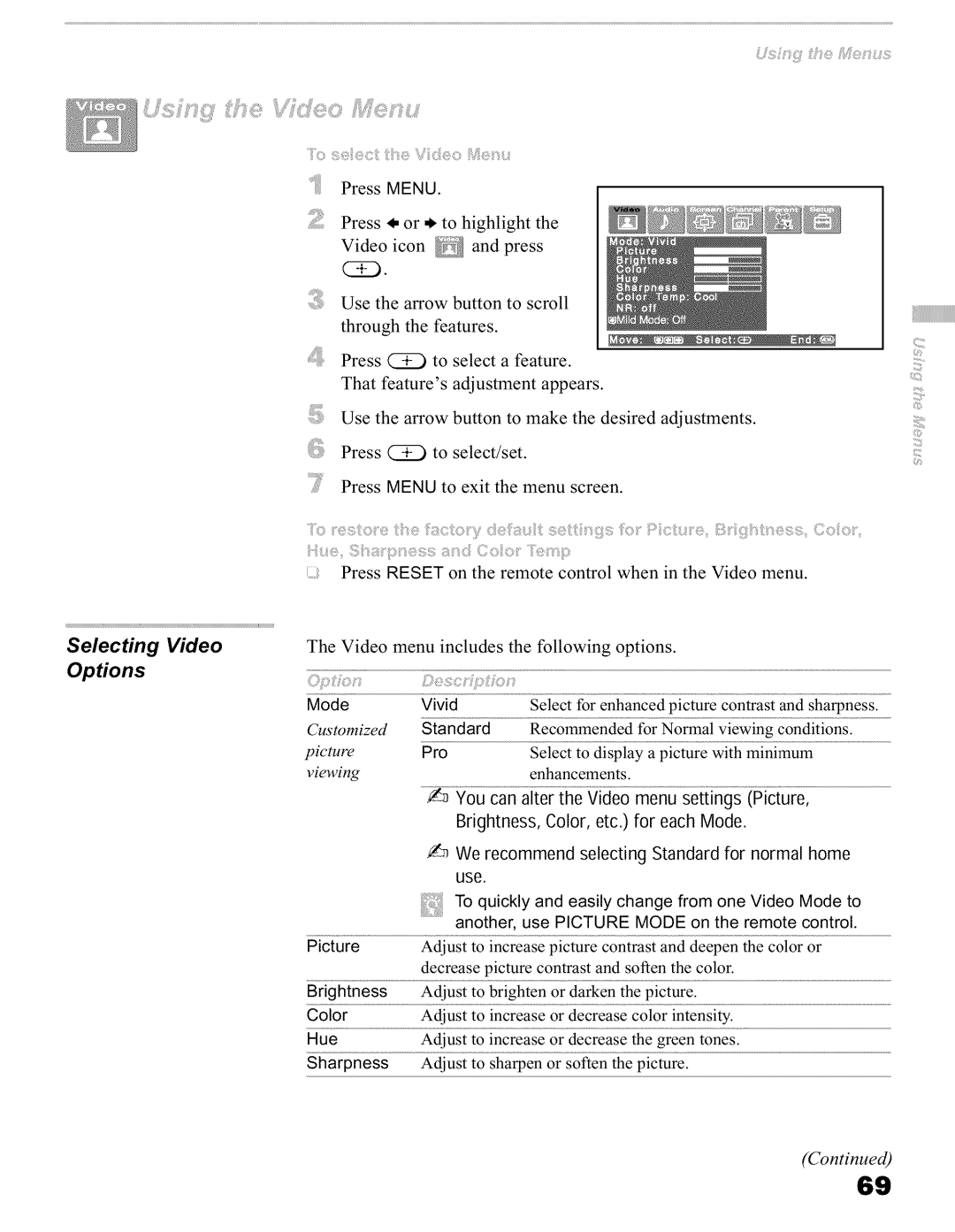 Sony KFO42WE610, KFO60WE610, KFO50WE610 Tti, ido, Mode Vivid, You can alter the Video menu settings Picture 