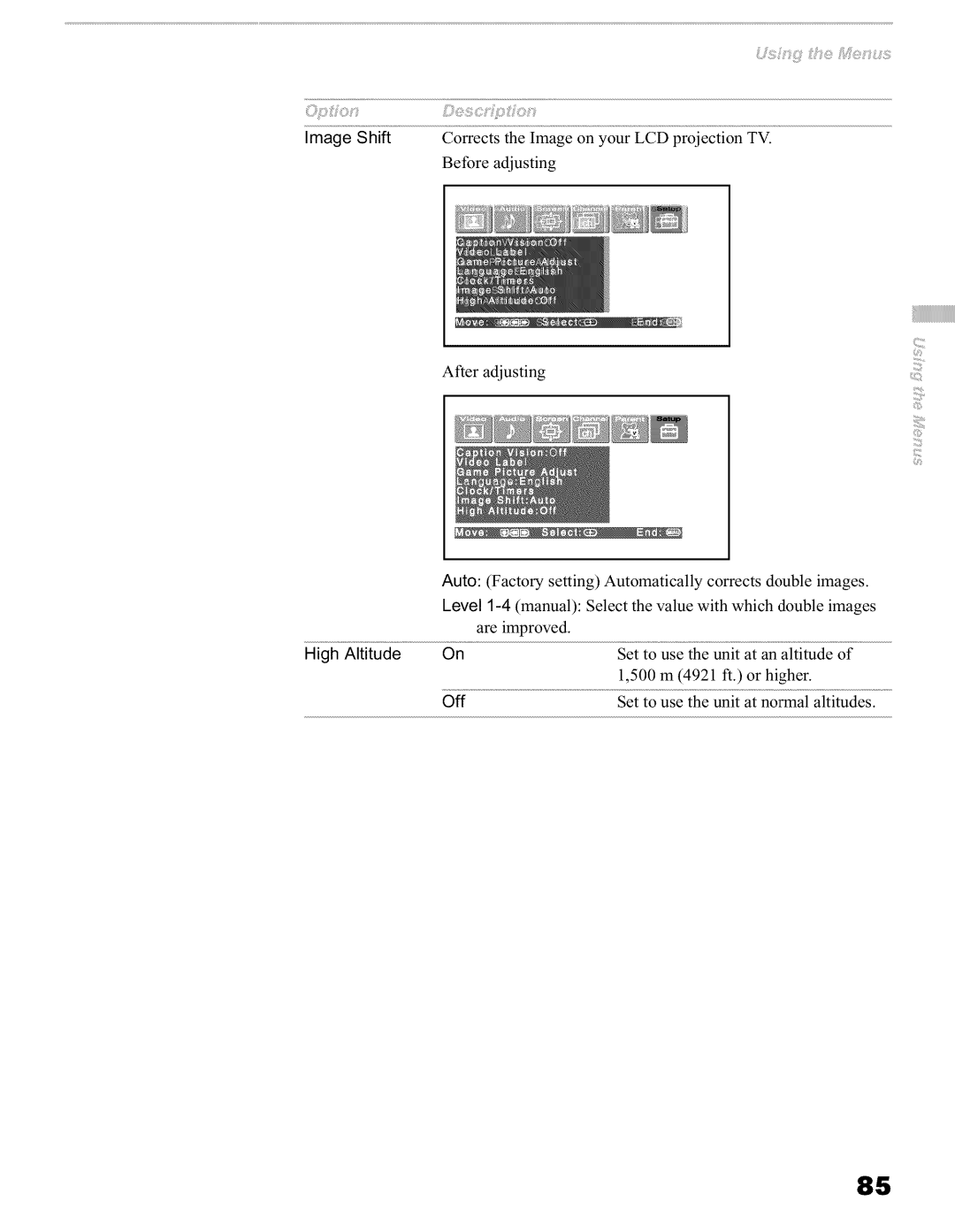 Sony KFO60WE610, KFO42WE610, KFO50WE610 operating instructions Image Shift High Altitude 