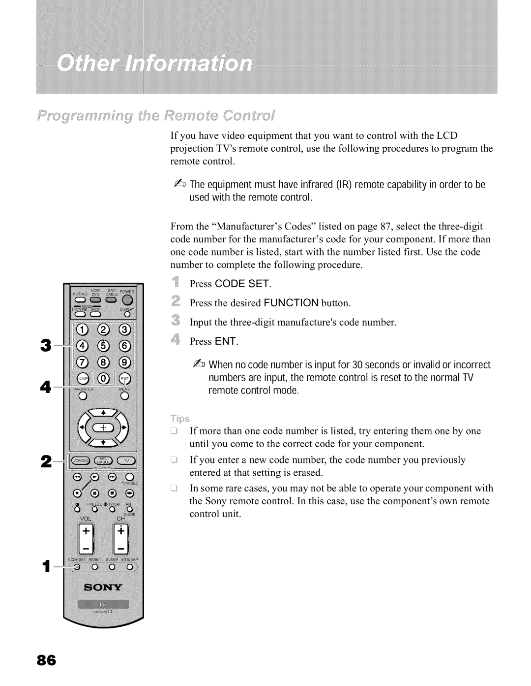 Sony KFO50WE610, KFO42WE610, KFO60WE610 operating instructions Press Code SET 