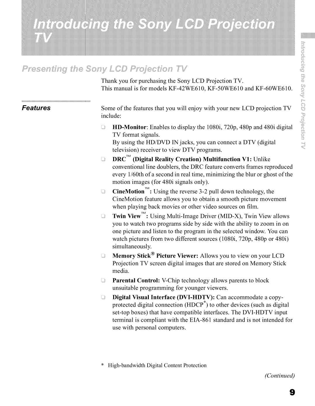 Sony KFO42WE610, KFO60WE610, KFO50WE610 operating instructions Features, HD-Monitor 