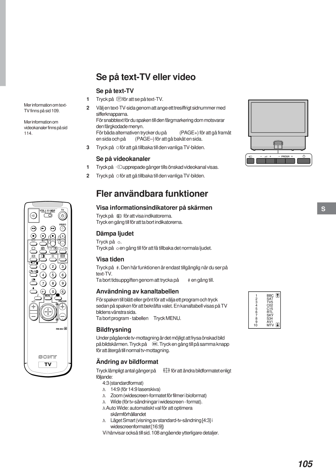 Sony KL-40WA1 operating instructions Se på text-TV eller video, Fler användbara funktioner, 105 