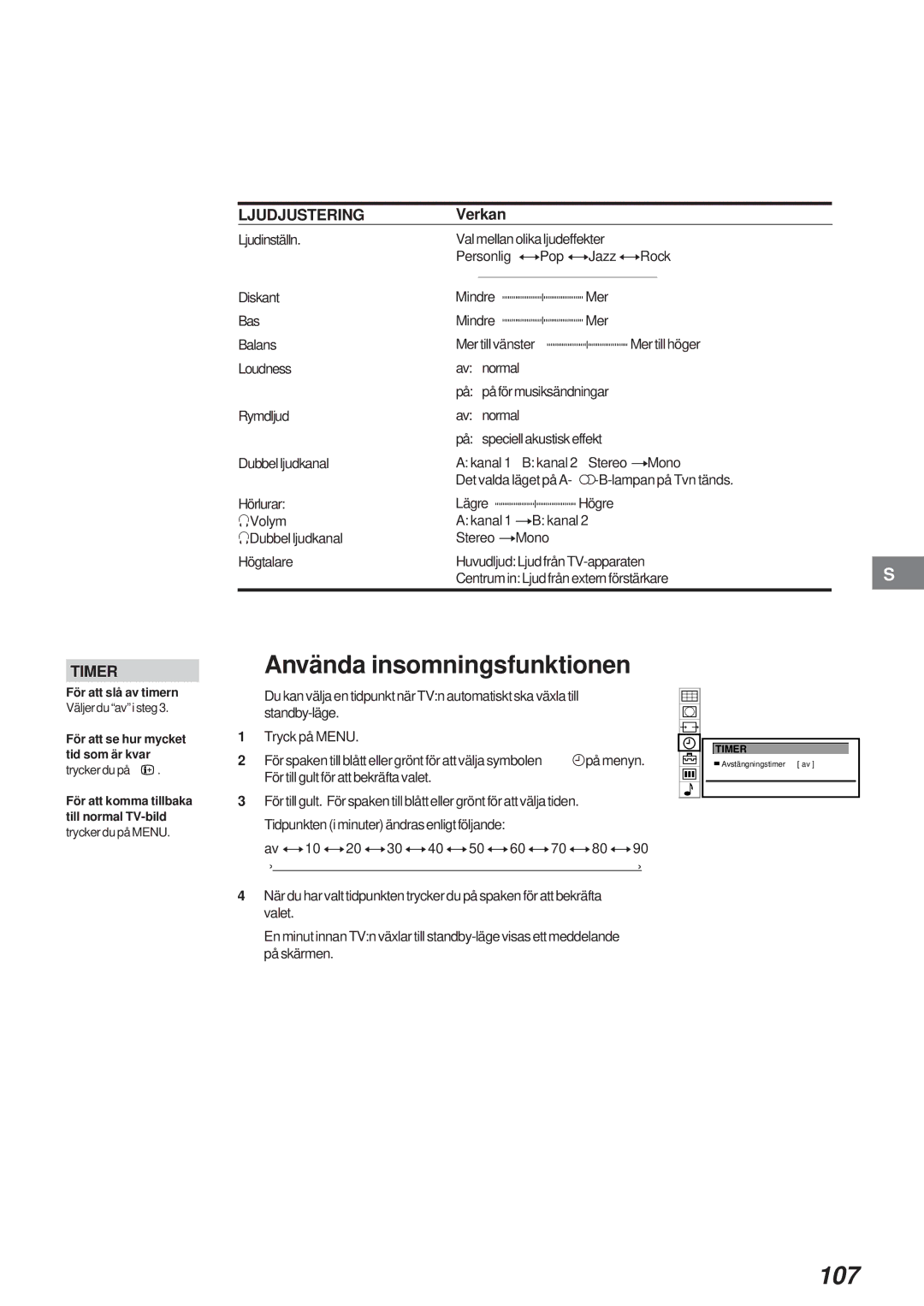 Sony KL-40WA1 operating instructions Använda insomningsfunktionen, 107, Verkan 