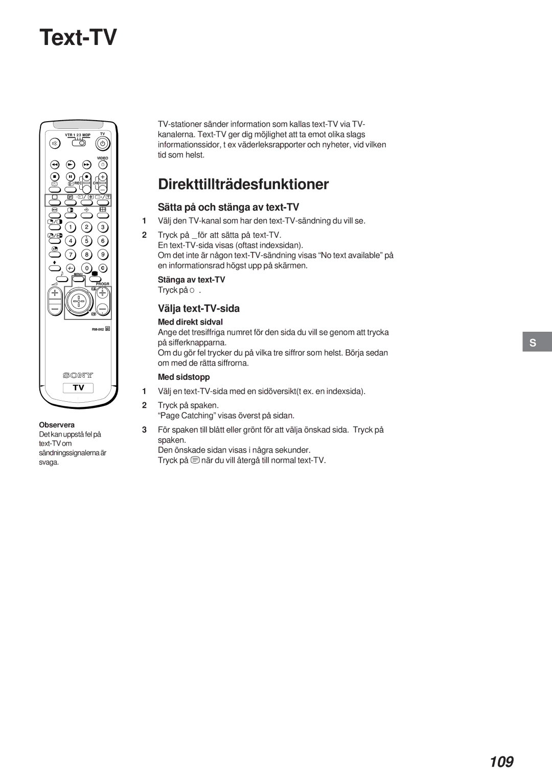 Sony KL-40WA1 Text-TV, Direkttillträdesfunktioner, 109, Sätta på och stänga av text-TV, Välja text-TV-sida 