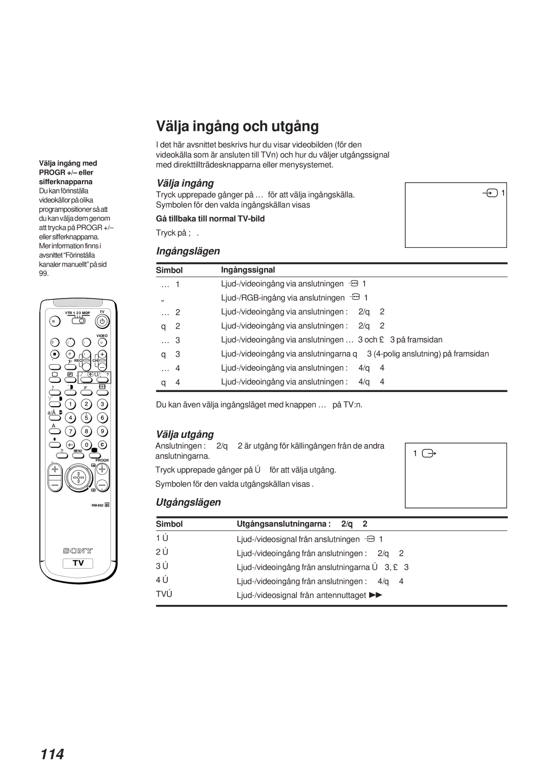 Sony KL-40WA1 operating instructions Välja ingång och utgång, 114, Gå tillbaka till normal TV-bild, SimbolIngångssignal 