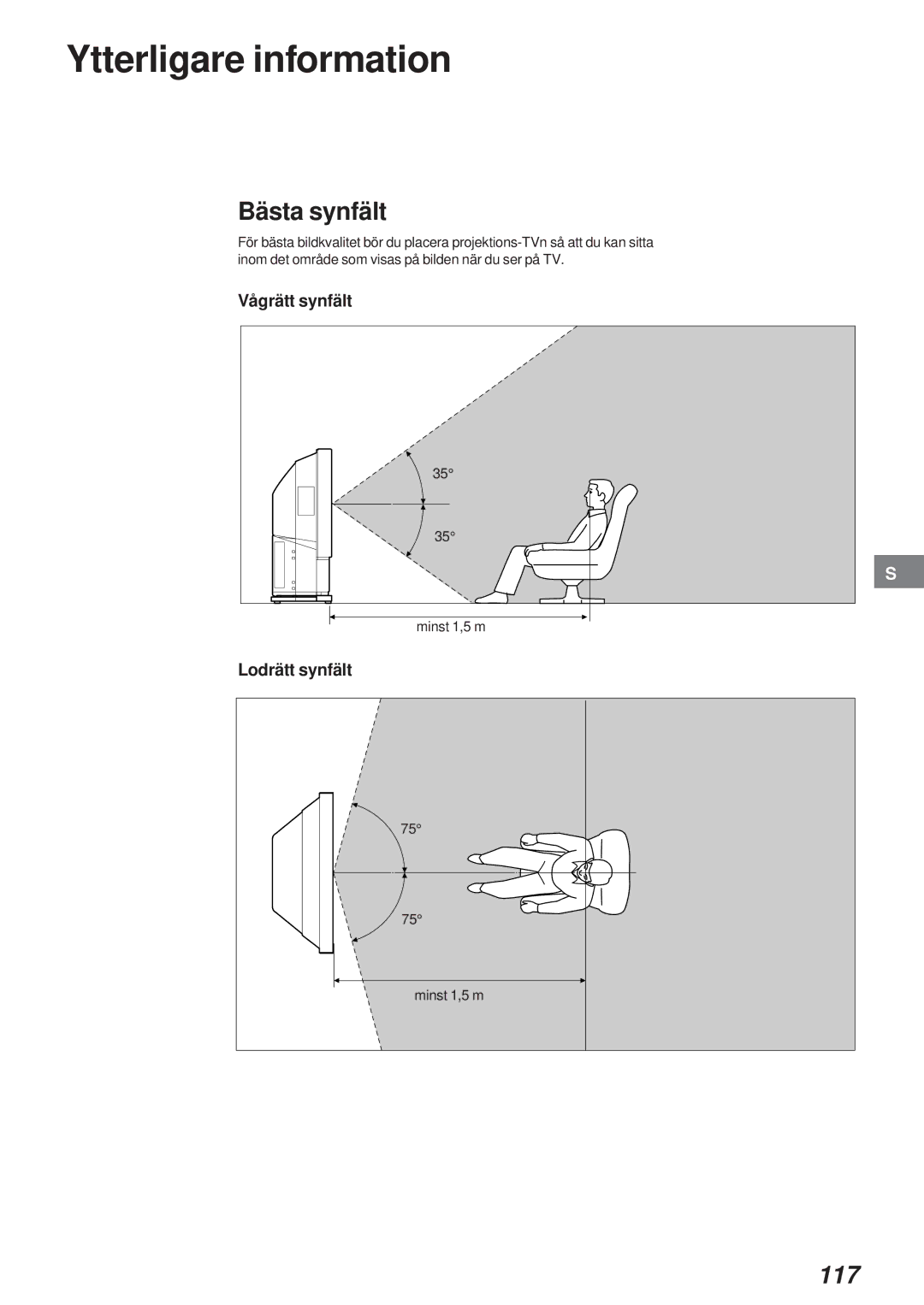 Sony KL-40WA1 operating instructions Ytterligare information, Bästa synfält, 117, Vågrätt synfält, Lodrätt synfält 