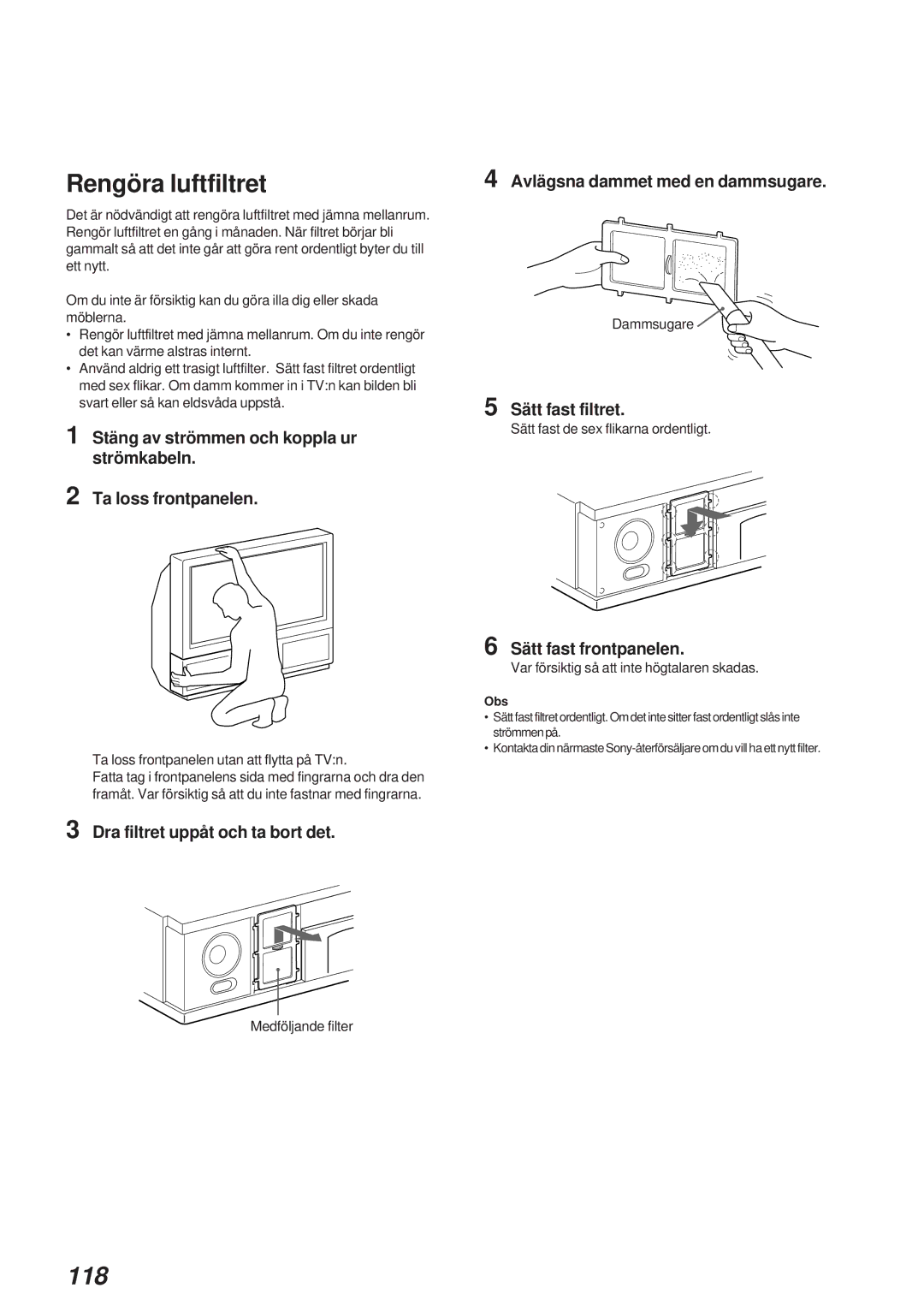 Sony KL-40WA1 operating instructions Rengöra luftfiltret, 118 