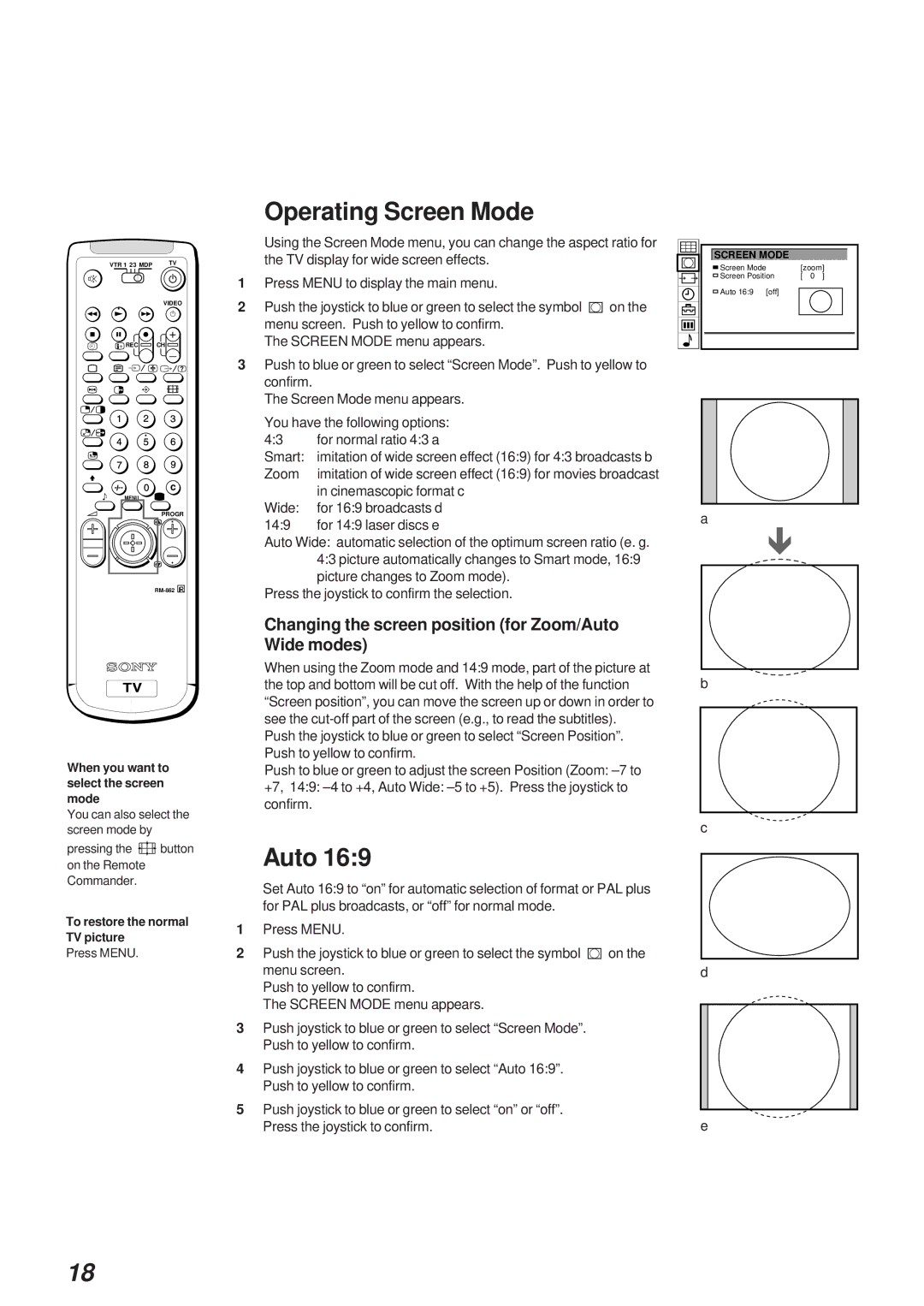 Sony KL-40WA1 Operating Screen Mode, Changing the screen position for Zoom/Auto Wide modes, For normal ratio 43 a 