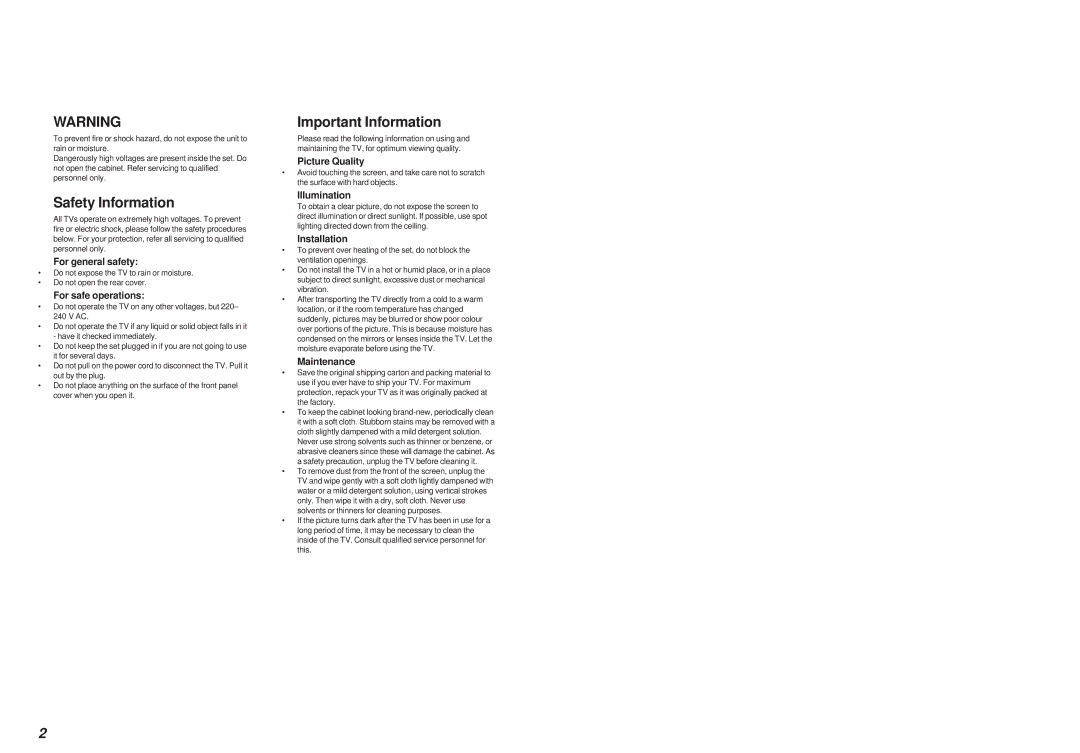 Sony KL-40WA1 operating instructions Safety Information, Important Information 