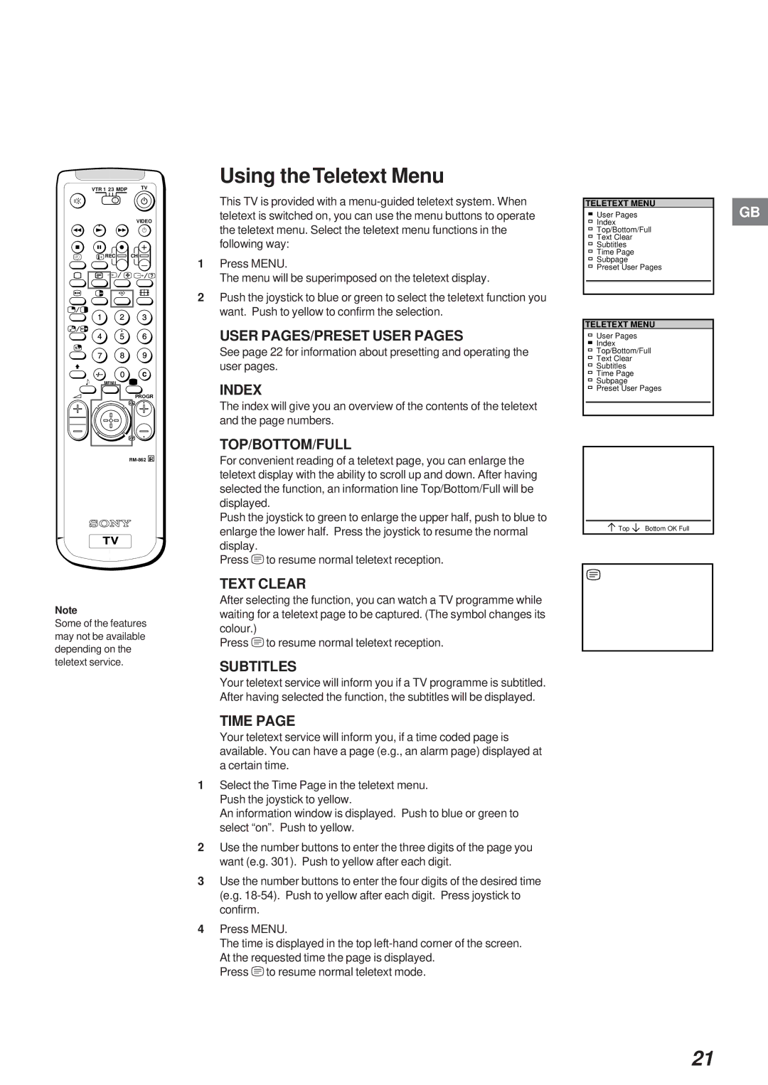 Sony KL-40WA1 operating instructions Using the Teletext Menu 