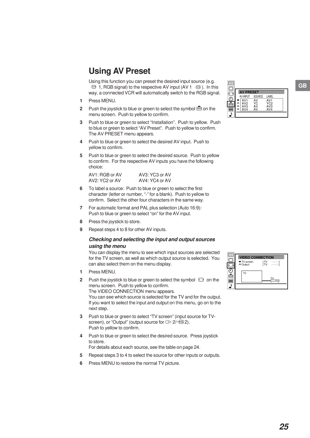 Sony KL-40WA1 operating instructions Using AV Preset, Video Connection 