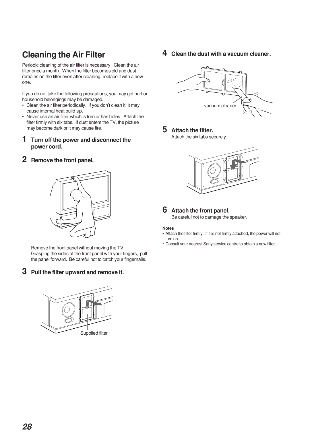 Sony KL-40WA1 Cleaning the Air Filter, Pull the filter upward and remove it, Clean the dust with a vacuum cleaner 