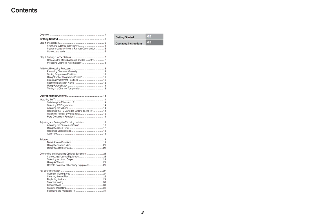 Sony KL-40WA1 operating instructions Contents 