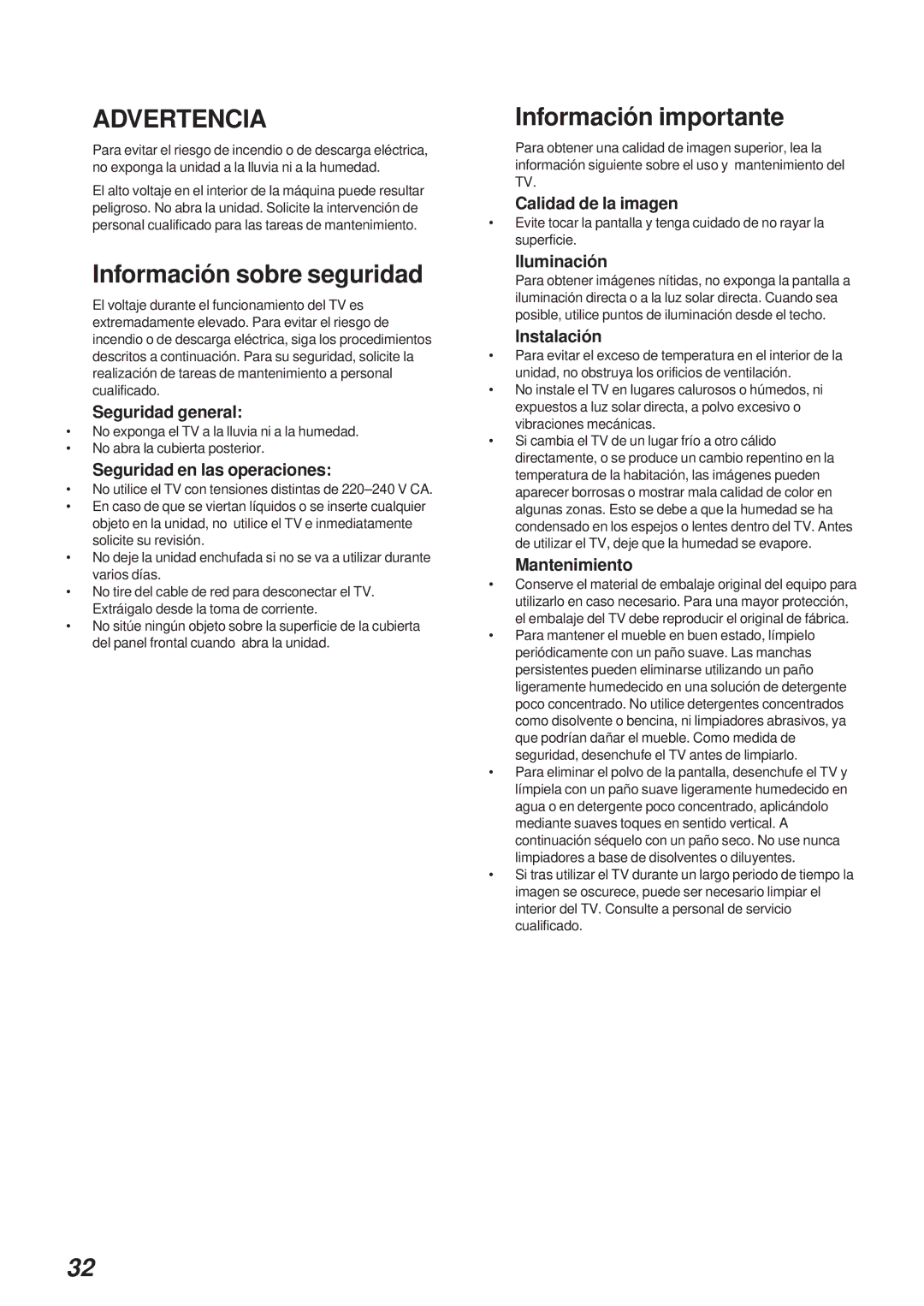 Sony KL-40WA1 operating instructions Información sobre seguridad, Información importante 