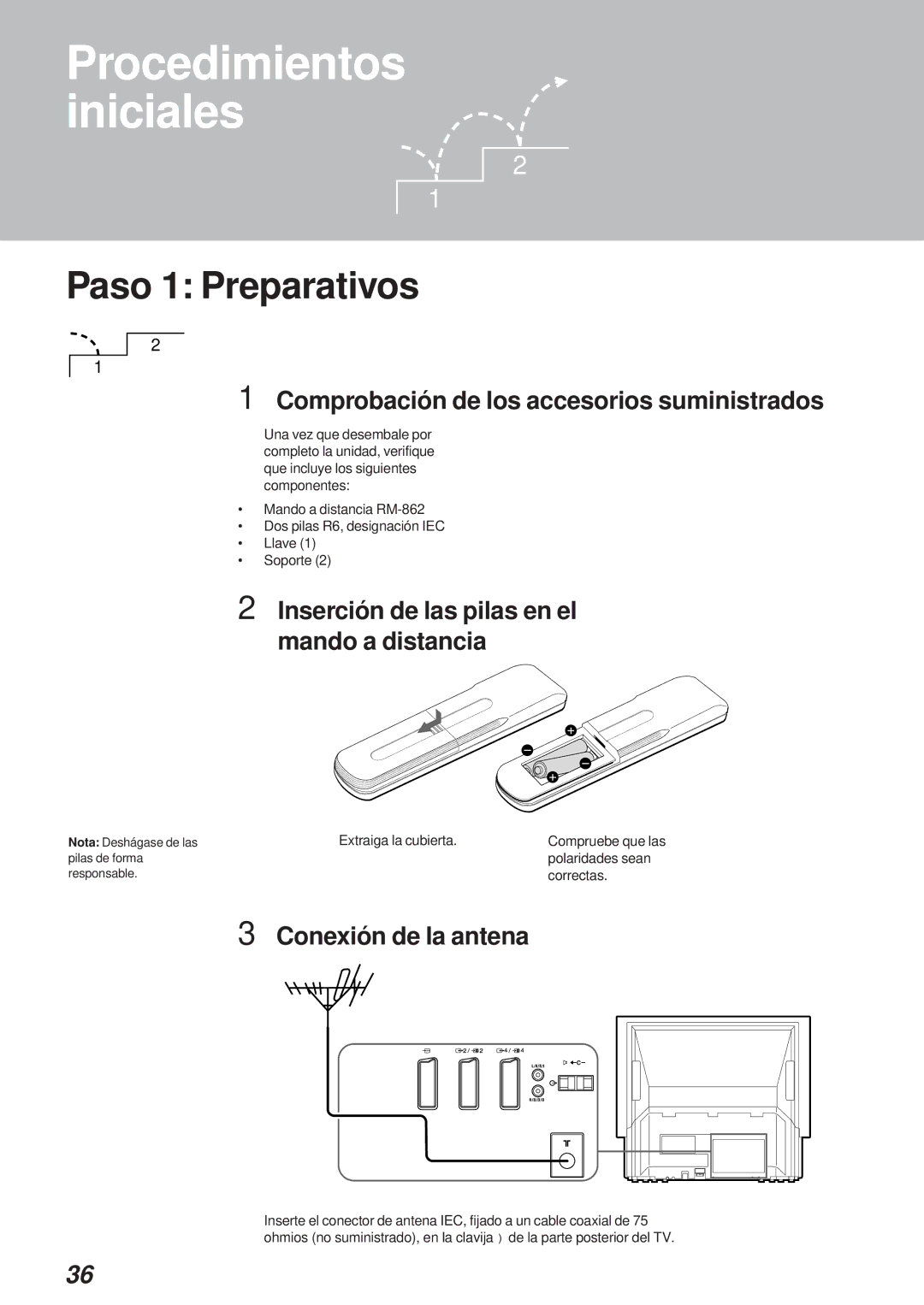 Sony KL-40WA1 Paso 1 Preparativos, Comprobación de los accesorios suministrados, Conexión de la antena 