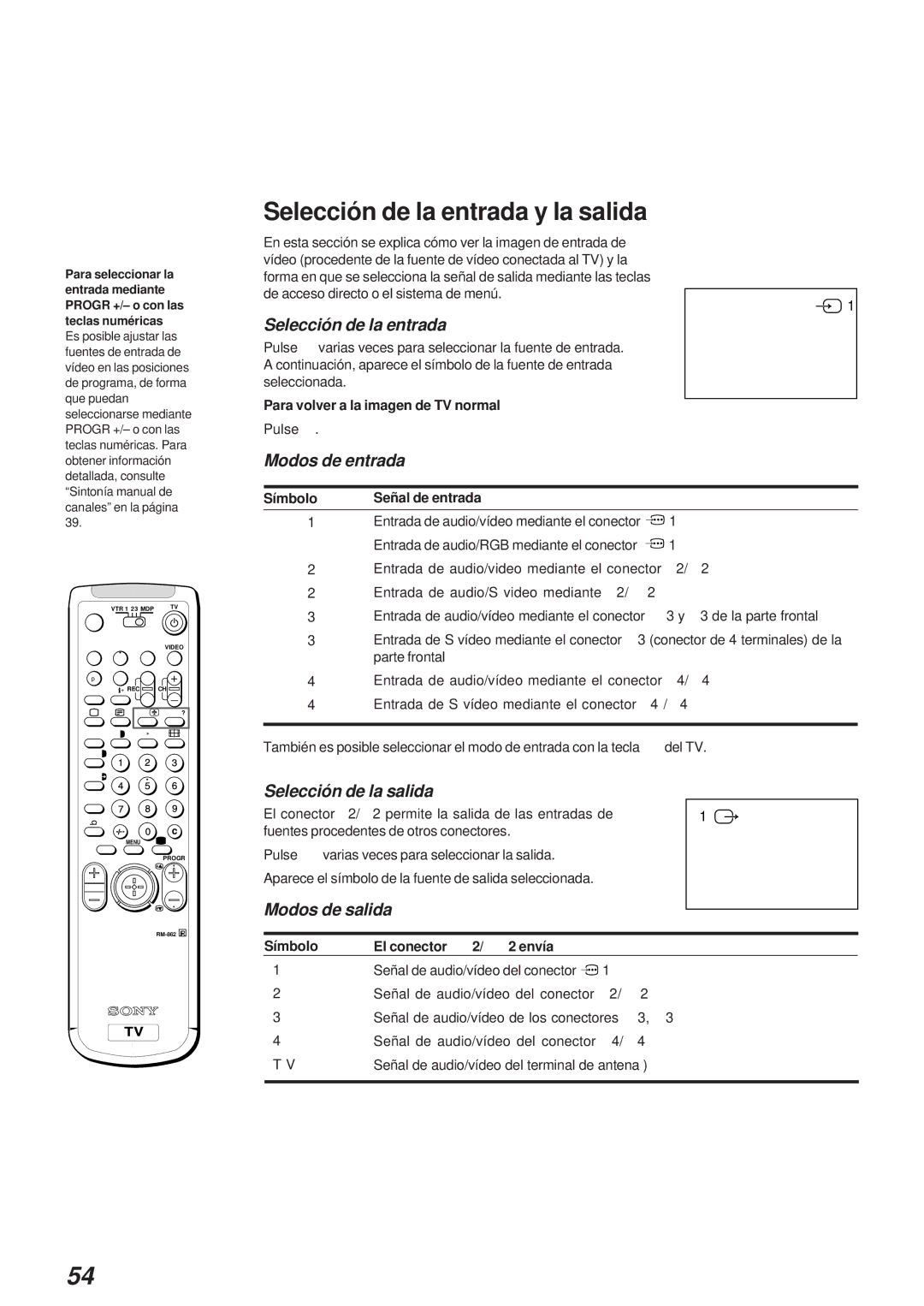 Sony KL-40WA1 Selección de la entrada y la salida, Para volver a la imagen de TV normal, Símbolo Señal de entrada 