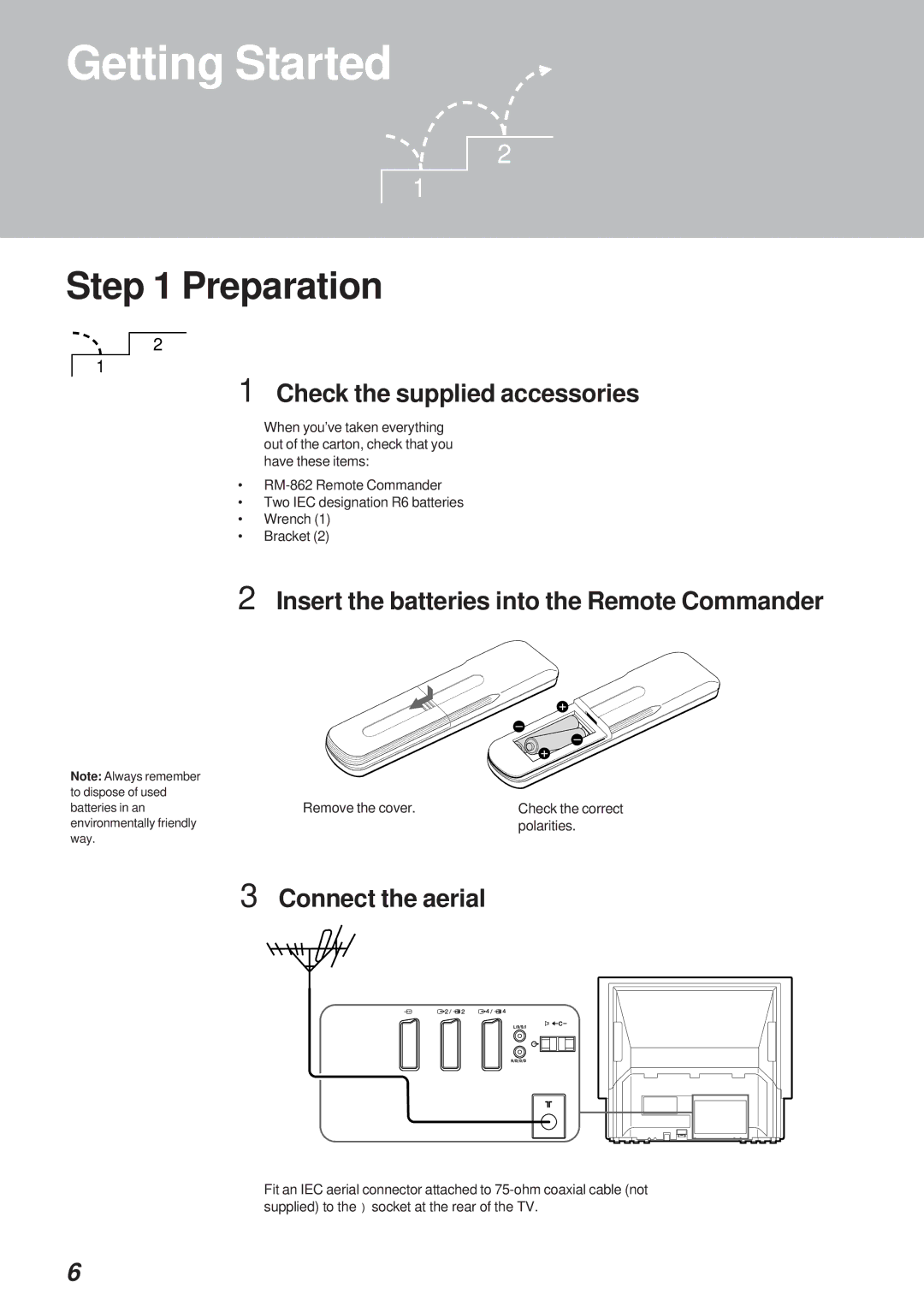 Sony KL-40WA1 Preparation, Check the supplied accessories, Insert the batteries into the Remote Commander 