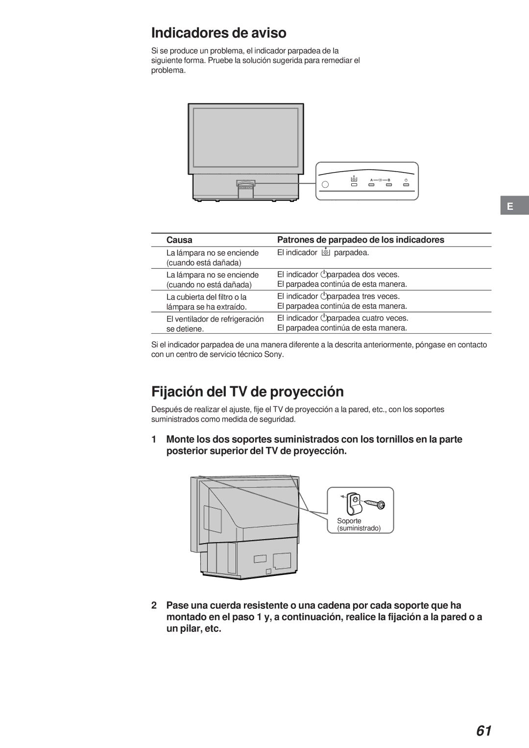 Sony KL-40WA1 Indicadores de aviso, Fijación del TV de proyección, Causa Patrones de parpadeo de los indicadores 