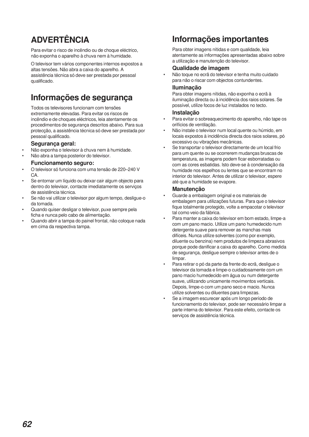 Sony KL-40WA1 operating instructions Informações de segurança, Informações importantes 