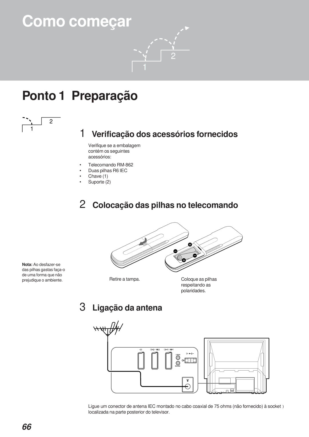 Sony KL-40WA1 Ponto 1 Preparação, Verificação dos acessórios fornecidos, Colocação das pilhas no telecomando 