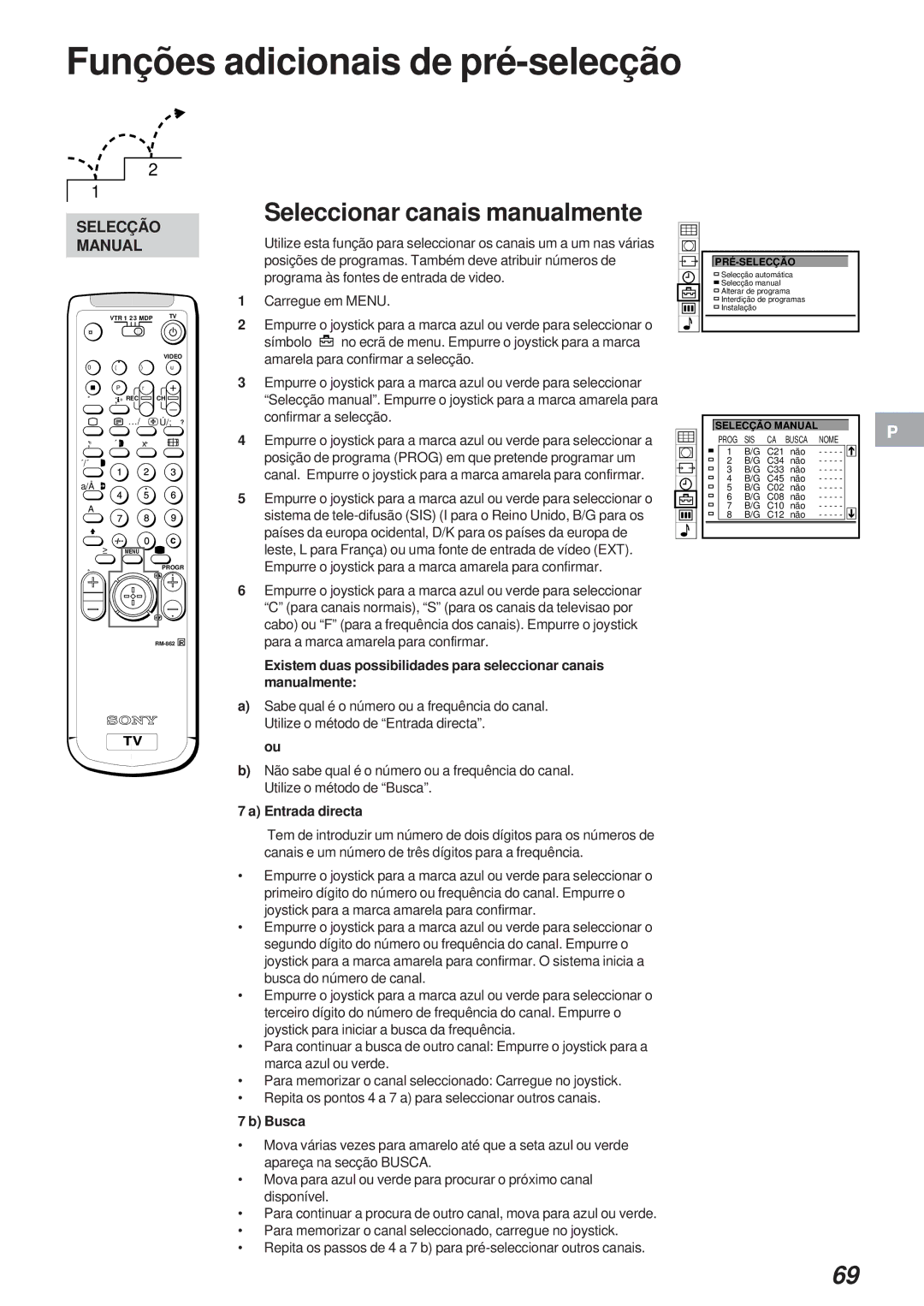 Sony KL-40WA1 Funções adicionais de pré-selecção, Seleccionar canais manualmente, Entrada directa, Busca, Selecção Manual 